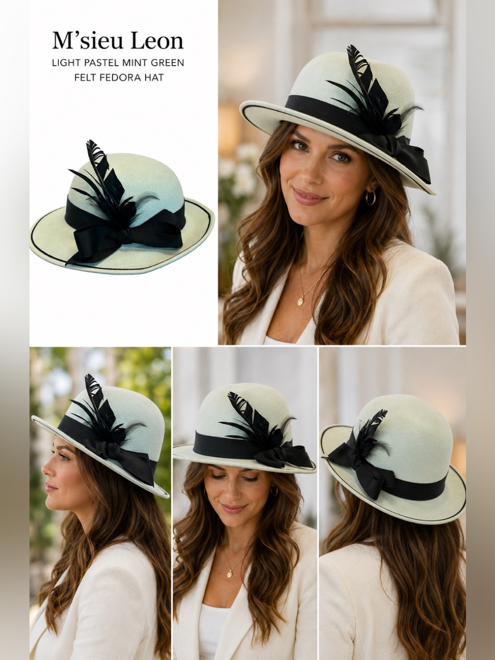 M’sieu Leon Mint Green Felt Fedora Hat Black Ribbon Feather Elegant Dress Hat